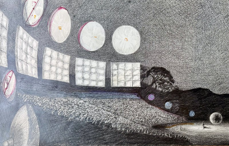 Graphite drawing of Gourgoubès theatre and reflectors by Bernard Mens (2002-2006)