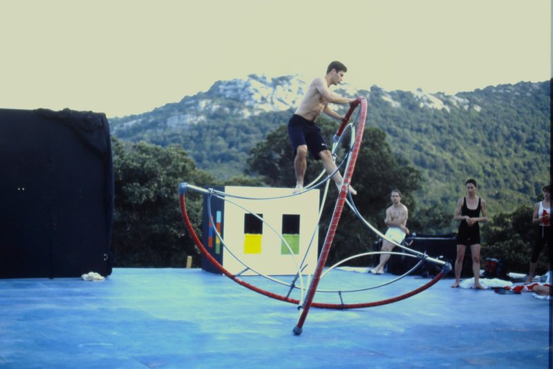 Momix rehearsing with circular prop