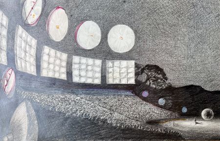 Graphite drawing of Gourgoubès theatre and reflectors by Bernard Mens (2002-2006)