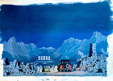 Acrylic painting of the approach to the Full Moon Theatre under the moonlight by Bernard Mens (2002-2006)