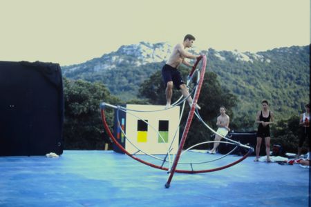 Momix rehearsing with circular prop